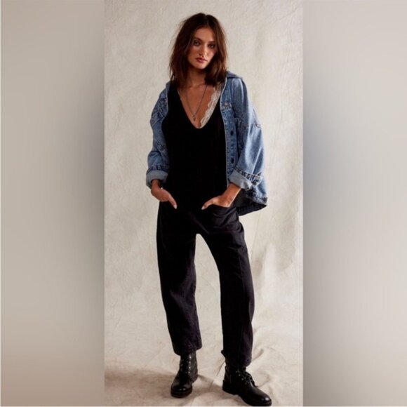 Free People We The Free High Roller Denim Jumpsuit Mineral Black Size Large - Picture 5 of 14